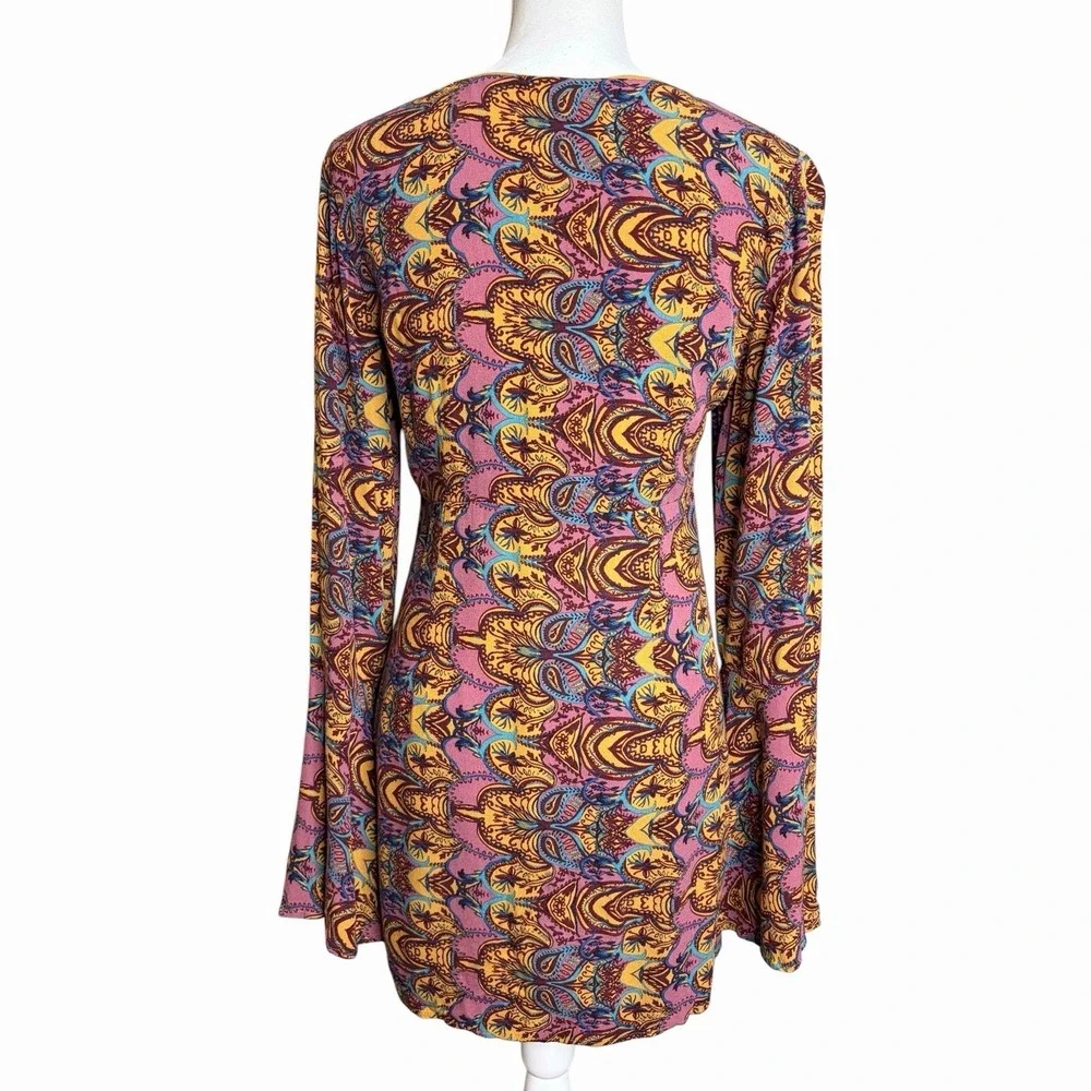 Free People Ossie Vibes Tunic Dress 10 Purple Brown Floral Bell Sleeve Mod Mini